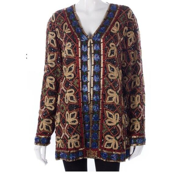 vintage Jacket Large Fully Beaded Sequin Art Past Times Open Front Hook Stunning - Picture 1 of 12